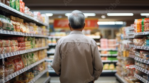 A photo of a senior old asian man shopping in supermarket and buying groceries and food products in the store. photo taken from behind his back