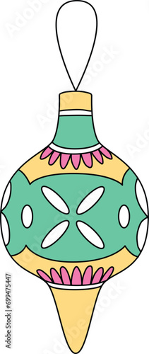 Bright Bauble Decorations for Christmas. These baubles are adorned with Tinsel and Festoon, featuring cute doodle patterns for the New Year festival. Decorate Christmas tree