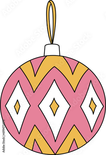 Bright Bauble Decorations for Christmas. These baubles are adorned with Tinsel and Festoon, featuring cute doodle patterns for the New Year festival. Decorate Christmas tree
