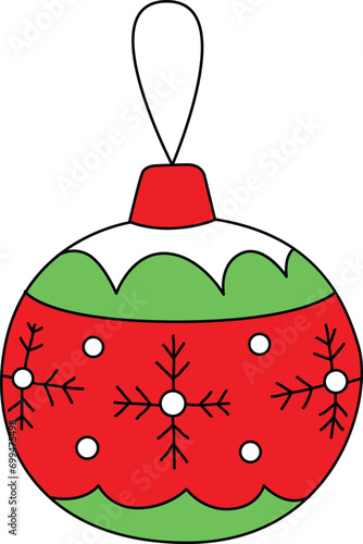 Bright Bauble Decorations for Christmas. These baubles are adorned with Tinsel and Festoon, featuring cute doodle patterns for the New Year festival. Decorate Christmas tree