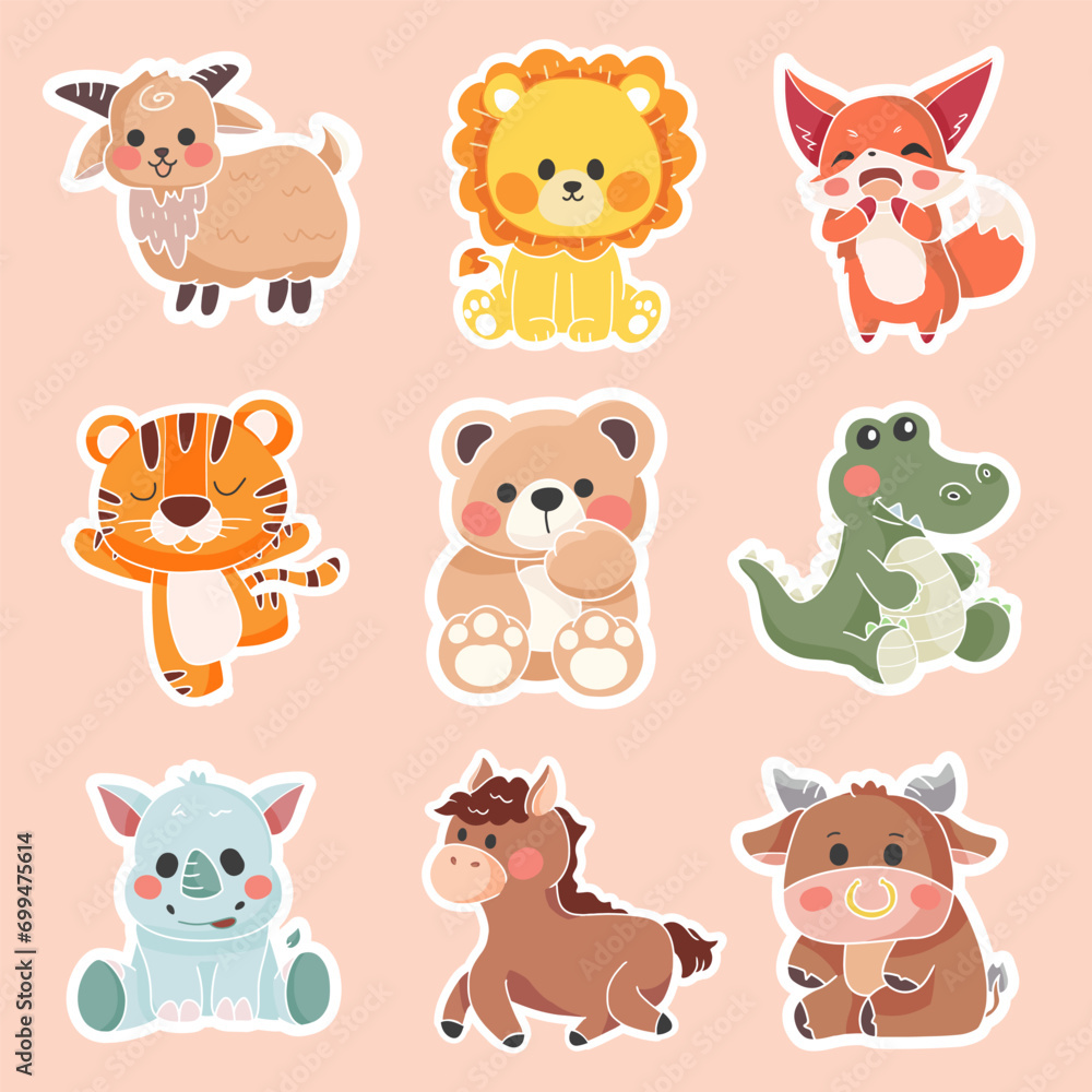 Free vector set of animal character with goat lion fox tiger bear crocodile buffalo horse and cow