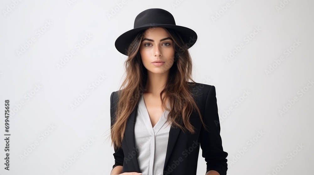 A photo portrait of a young beautiful american fashion stylist designer woman with a suit and a hat standing isolated on white studio background A photo portrait of a young beautiful american fashion stylist designer woman with a suit and a hat standing isolated on white studio background