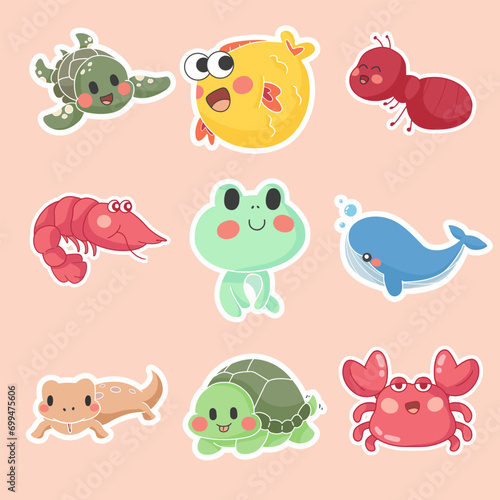 Free vector set of animal character with turtle ant fish crab whale frog