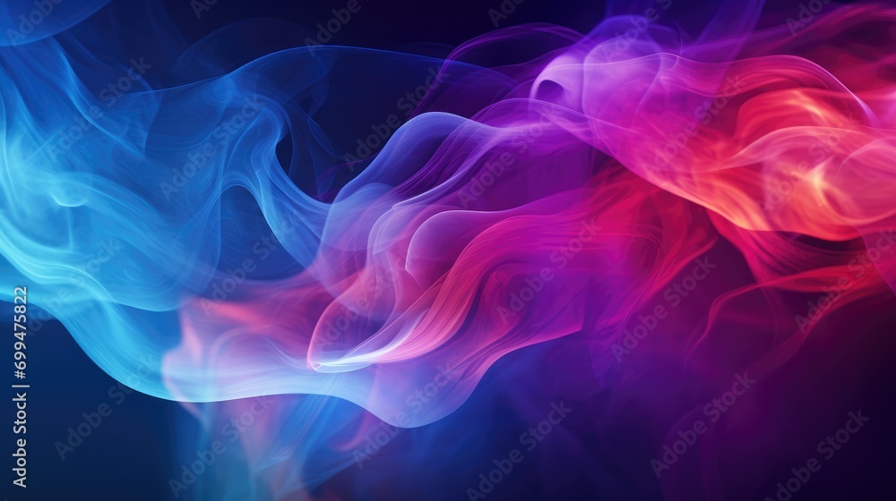 Abstract chromatic haze on inky canvas, voluminous clouds of colorful smoke on dark background