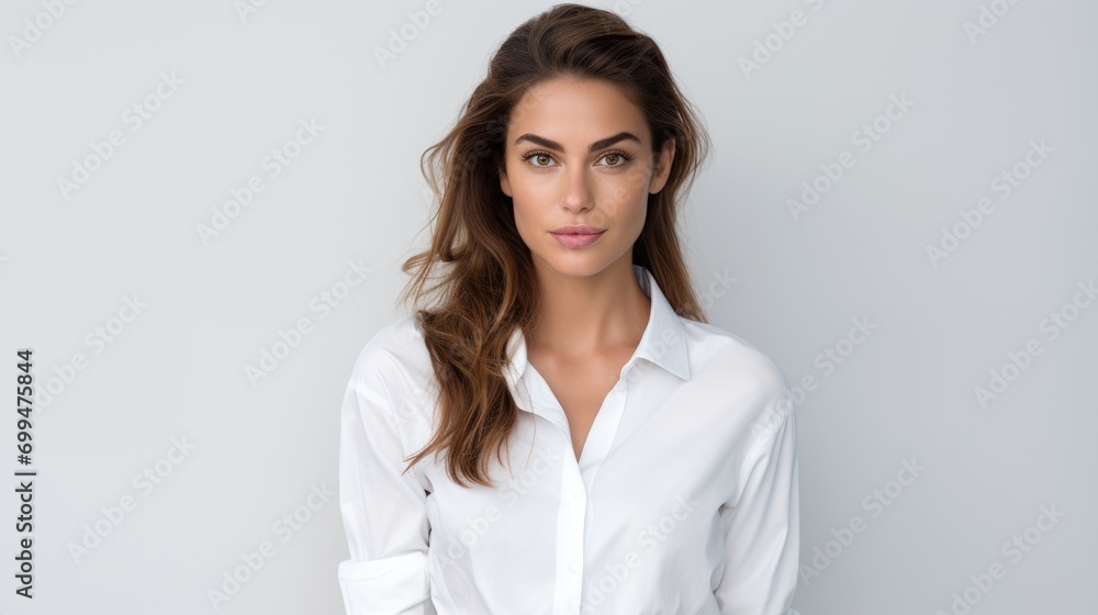 A photo portrait of a young beautiful american fashion stylist designer woman with white shirt standing isolated on white studio background A photo portrait of a young beautiful american fashion stylist designer woman with white shirt standing isolated on white studio background