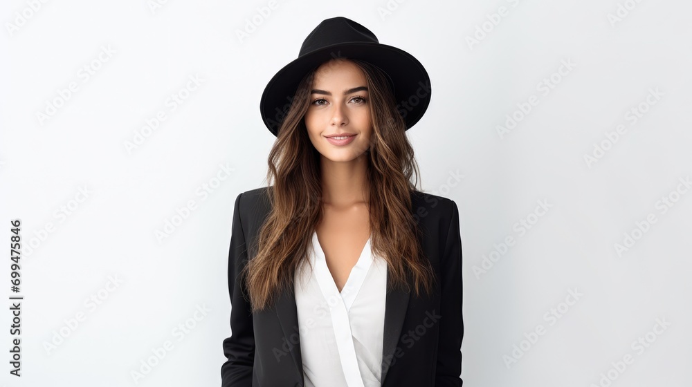 A photo portrait of a young beautiful american fashion stylist designer woman with a suit and a hat standing isolated on white studio background A photo portrait of a young beautiful american fashion stylist designer woman with a suit and a hat standing isolated on white studio background