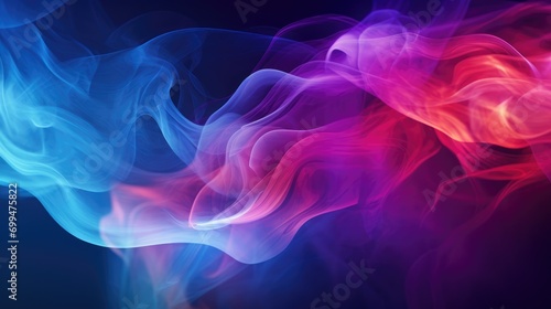 Abstract chromatic haze on inky canvas, voluminous clouds of colorful smoke on dark background