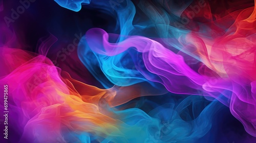Bewitching multicolored vapors on inky canvas, substantial bursts of colorful smoke on dark background
