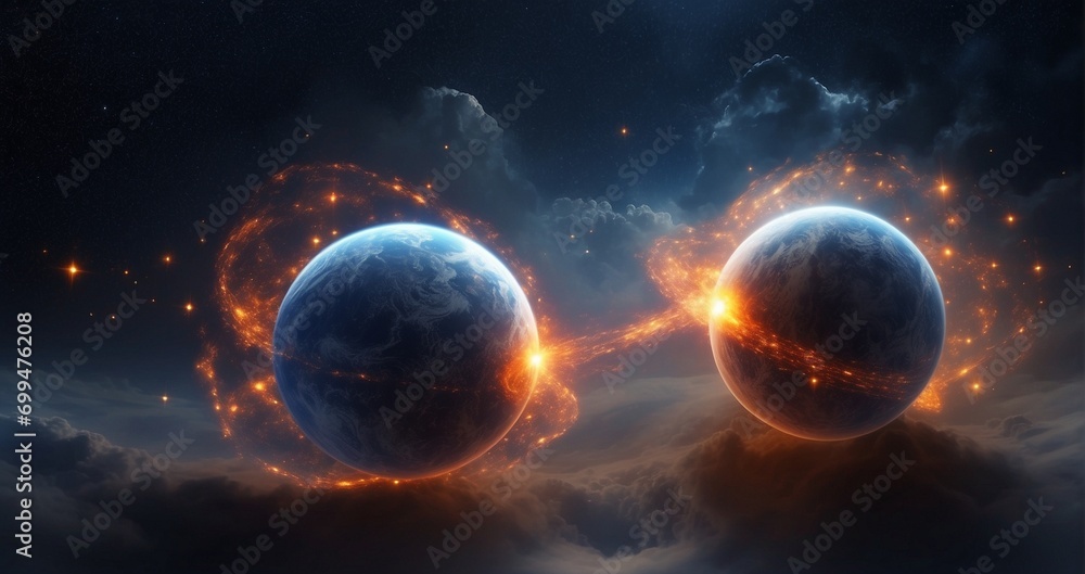 The cosmic ballet of a binary star system, two brilliant stars orbiting each other in a celestial dance, casting their radiance on surrounding gas clouds. hyper-realistic, -Generative Ai The cosmic ballet of a binary star system, two brilliant stars orbiting each other in a celestial dance, casting their radiance on surrounding gas clouds. hyper-realistic, -Generative Ai