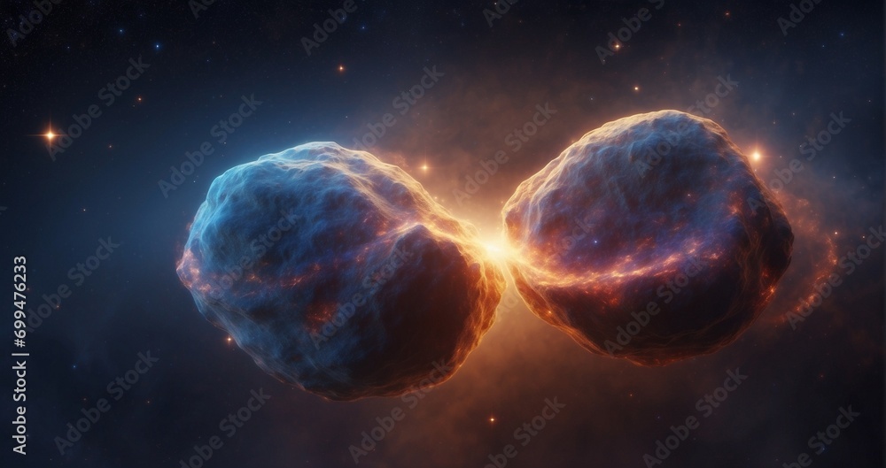 The cosmic ballet of a binary star system, two brilliant stars orbiting each other in a celestial dance, casting their radiance on surrounding gas clouds. hyper-realistic, -Generative Ai - obrazy, fototapety, plakaty 