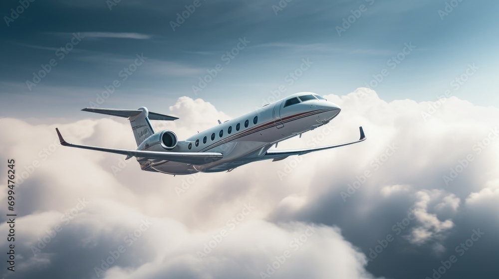 A private airplane jet flying in the sky clouds at high speed A private airplane jet flying in the sky clouds at high speed