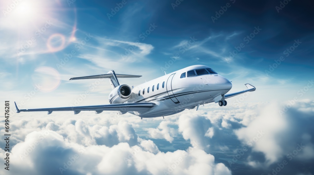 A private airplane jet flying in the sky clouds at high speed
