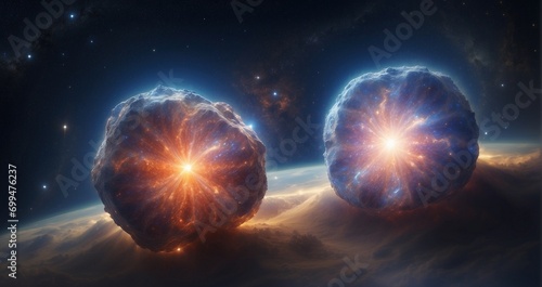 The cosmic ballet of a binary star system, two brilliant stars orbiting each other in a celestial dance, casting their radiance on surrounding gas clouds. hyper-realistic, -Generative Ai