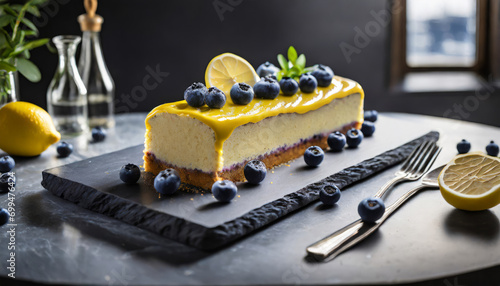 Blueberry cheesecake on a black dish