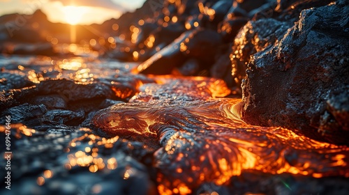 AI-generated illustration of flowing lava surrounded by rocks © Wirestock