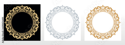 Set of decorative frames Elegant vector element for design in Eastern style, place for text. Floral black, gold and gray borders. Lace illustration for invitations and greeting cards