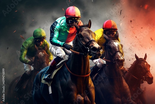 Modern painted illustration of horse racing, stylized horses and jockeys. Generative AI