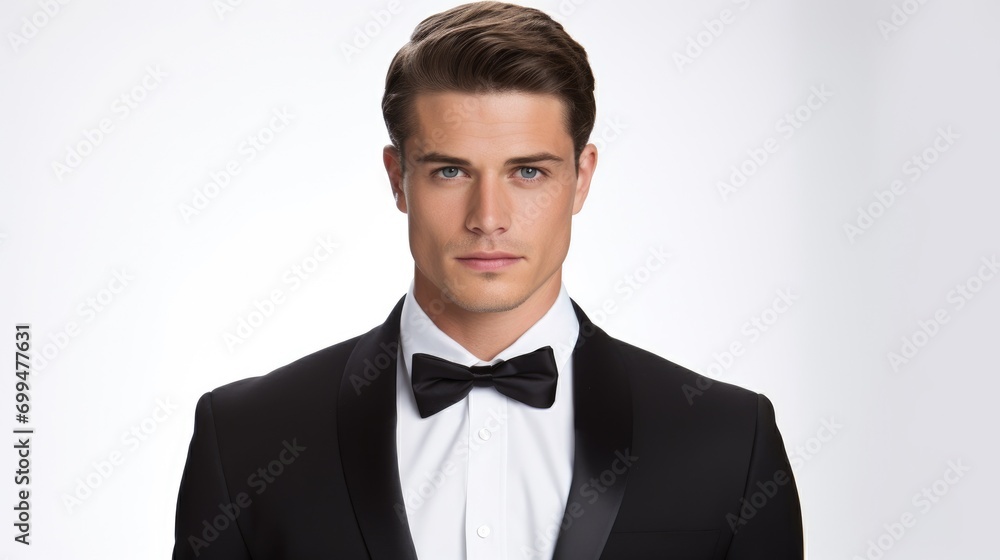 Closeup photo of a handsome young white american man groom with wedding black suit and a bow tie. isolated on white studio background Closeup photo of a handsome young white american man groom with wedding black suit and a bow tie. isolated on white studio background