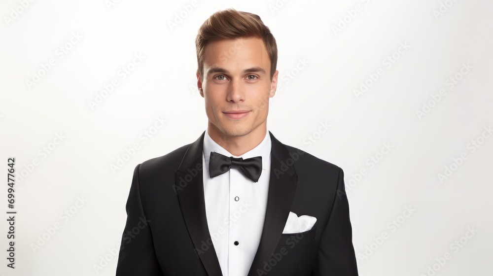 Closeup photo of a handsome young white american man groom with wedding black suit and a bow tie. isolated on white studio background Closeup photo of a handsome young white american man groom with wedding black suit and a bow tie. isolated on white studio background