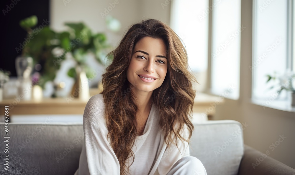 A woman sitting on top of a couch next to a potted plant A woman sitting on top of a couch next to a potted plant