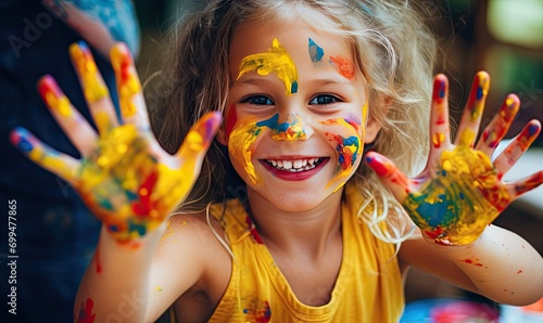 A little girl with her hands painted in bright colors