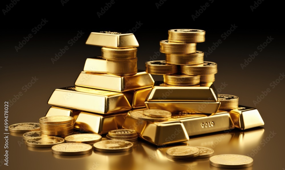 A pile of gold coins sitting next to a stack of silver coins A pile of gold coins sitting next to a stack of silver coins