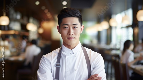 Closeup photo portrait of a handsome young asian chef cook with white uniform standing. guests eating in the restaurant. blurry food restaurant kitchen in the background © Zainab