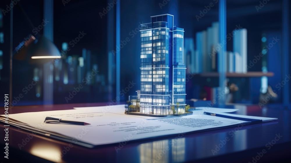 Concept holo blue 3d render miniature model maquette of small skyscraper building on table in real estate agency. signing mortgage contract document demonstrating. futuristic business Concept holo blue 3d render miniature model maquette of small skyscraper building on table in real estate agency. signing mortgage contract document demonstrating. futuristic business