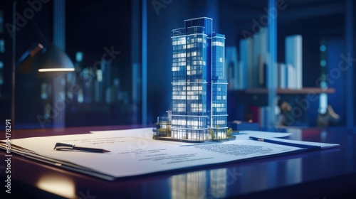 Concept holo blue 3d render miniature model maquette of small skyscraper building on table in real estate agency. signing mortgage contract document demonstrating. futuristic business photo