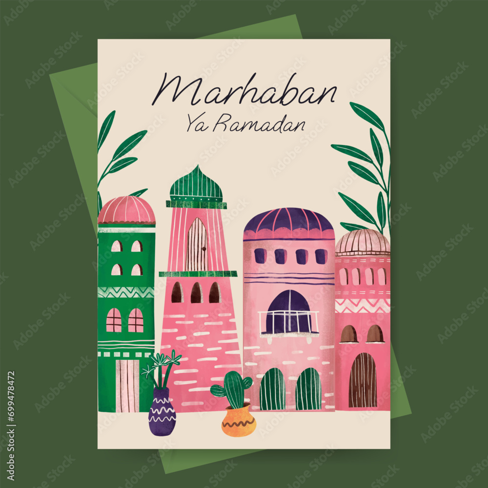 Islamic greeting card with mosque and plant illustration for ramadan, eid mubarak, islamic day.