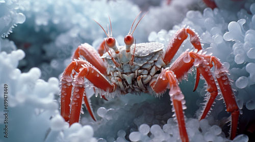 Close-up images of a decorator crab adorned with an assortment of materials for camouflage, highlighting its unique ability to blend seamlessly into its environment. photo