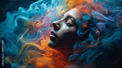 A mesmerizing close-up of a woman s face enveloped in vibrant colored smoke  creating a surreal and beautiful portrait