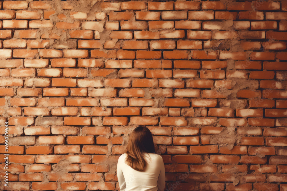A woman standing coyly behind a brick wall, creating an image of anticipation and mystery as she waits behind the textured surface
