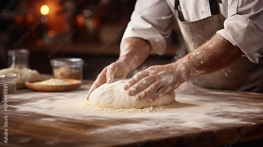 Old baker kneading dough and baking bread in a bakery kitchen restaurant. flour on the table and chefs hands