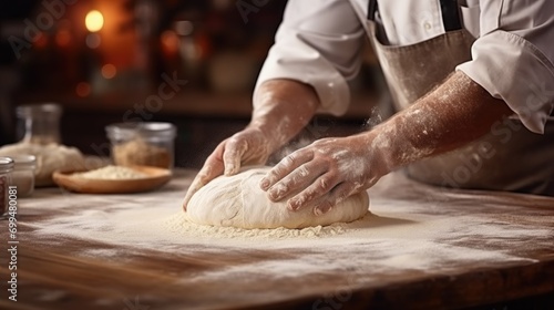 Old baker kneading dough and baking bread in a bakery kitchen restaurant. flour on the table and chefs hands