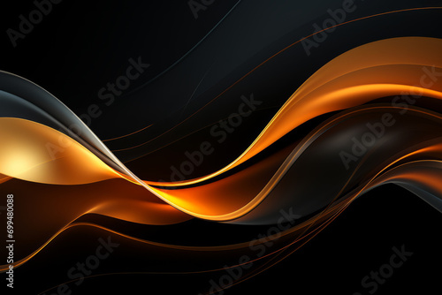 An abstract black and gold background with waves, glowing lines, and a golden curve composition, creating a visually dynamic and appealing composition