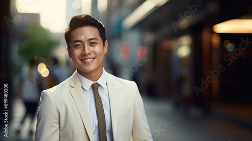 Portrait of a handsome smiling young asian chinese businessman boss in a white suit walking on a city street to his company office. blurry crowdy street background, photo