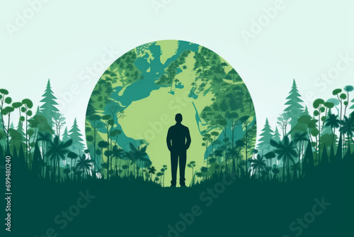 A man stands proudly before a green globe  highlighting a vision of a green world and a vast environmental landscape
