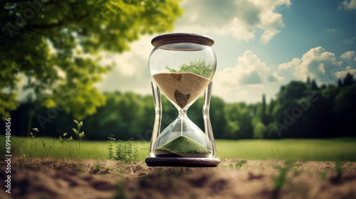 An hourglass sits amidst a desolate field, symbolizing the urgency of time running out and the profound concept that time no longer exists photo
