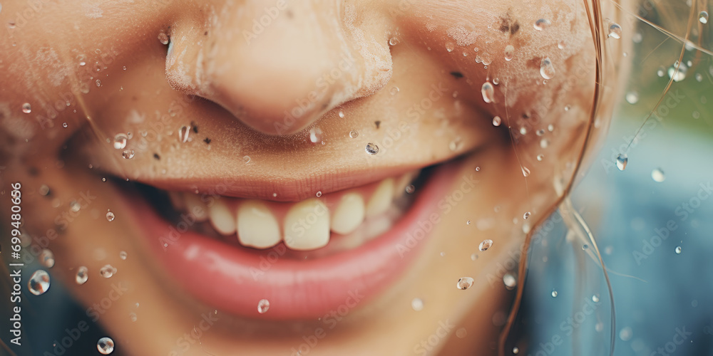 A close-up shot capturing a person with raindrops on their face, showcasing the beauty of natural elements combined with the rawness of emotions - obrazy, fototapety, plakaty 