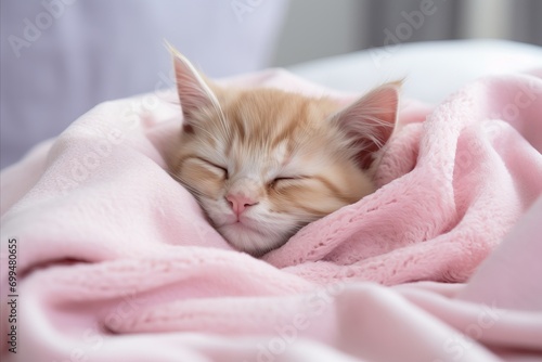 Sweet Orange Tabby Kitten Sound Asleep on a Cozy Blanket with Copy Space for Captivating Designs
