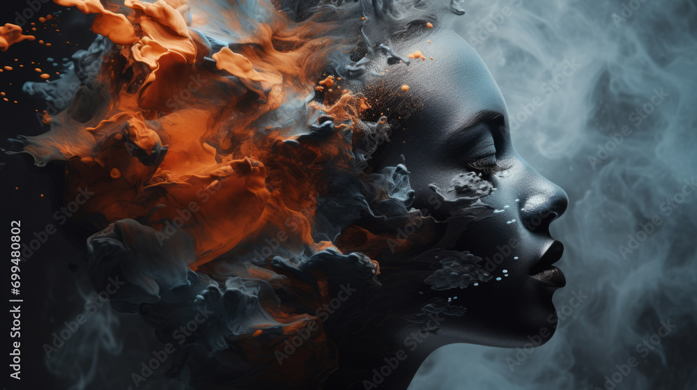 Close-up of a person with a face engulfed in fire, melting into the universe, portraying a surreal and cosmic transformation - obrazy, fototapety, plakaty 