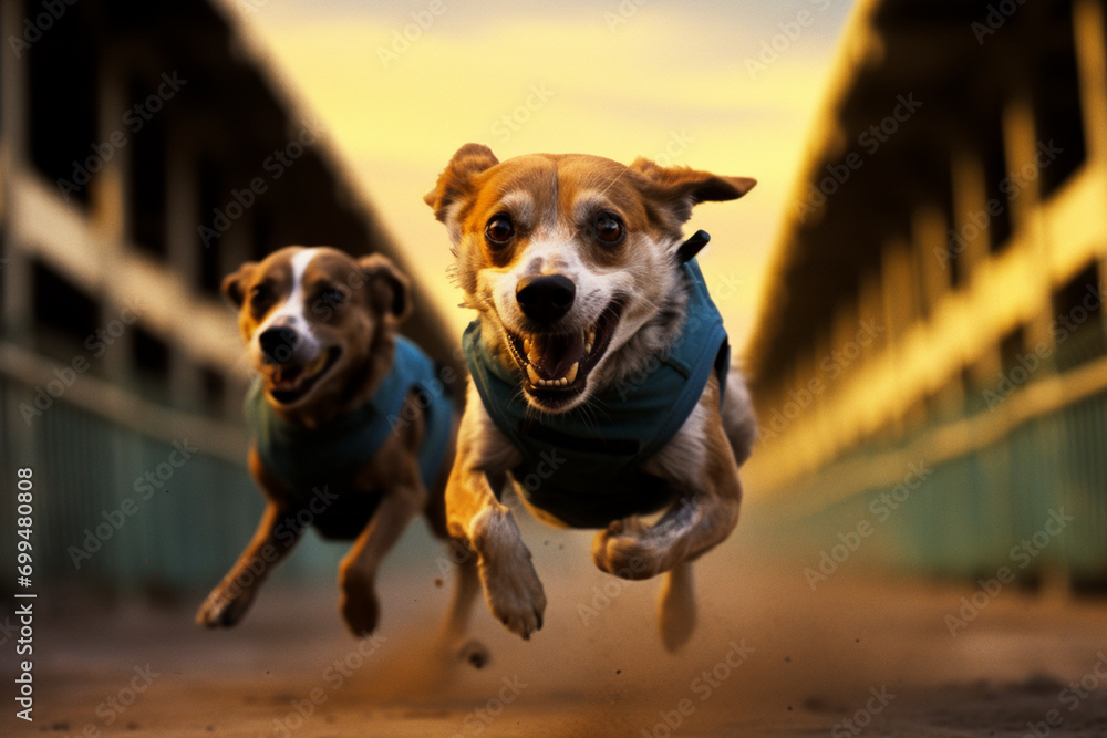 Racing dogs in a blur of speed, creating abstract streaks on the track that convey the rapid pace of the race.