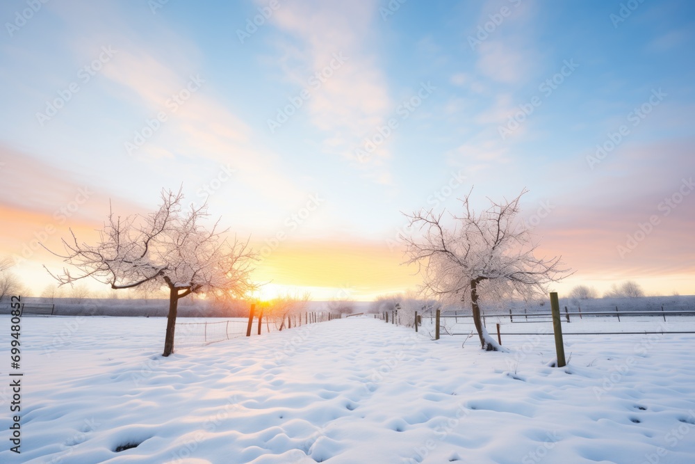 winter sunrise over a snowy orchard winter sunrise over a snowy orchard