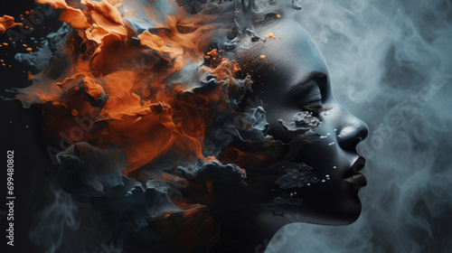 Close-up of a person with a face engulfed in fire, melting into the universe, portraying a surreal and cosmic transformation photo