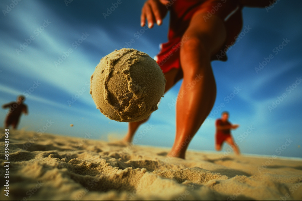 Beach volleyball players diving for a ball, creating abstract shapes in
