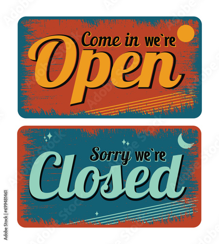 Vintage open closed business sign retro cafe garage grange design. High quality retro sign design for cafe. photo