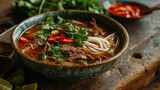 Traditional Vietnamese pho bo soup with meat and noodles on a wooden table