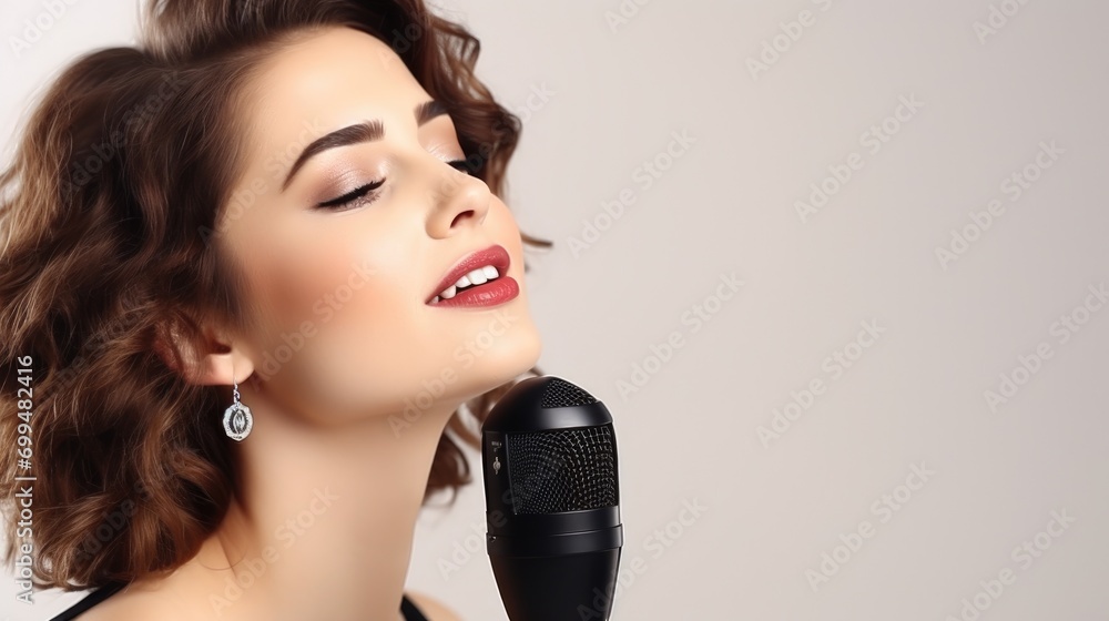 A beautiful american female singer woman singing into microphone. isolated on white studio background A beautiful american female singer woman singing into microphone. isolated on white studio background