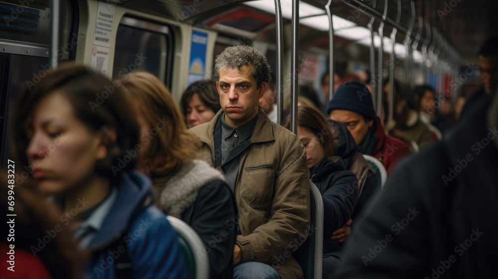 A big crowd of people in the new york subway metro in rush hour on their way home driving with trains. in the evening after work day. everybody is tired A big crowd of people in the new york subway metro in rush hour on their way home driving with trains. in the evening after work day. everybody is tired